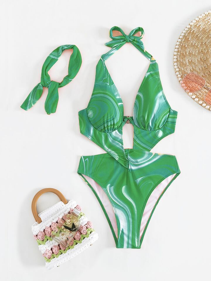 Allover Print Cut Out Halter One Piece Swimsuit With Bandana
