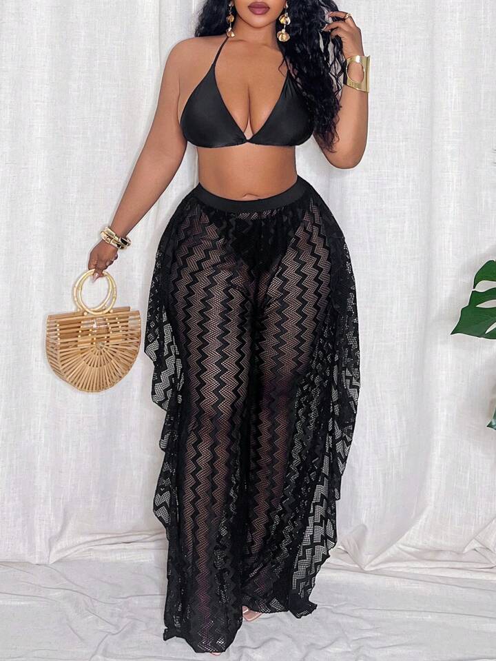 Plus Size Women Wave Striped Mesh Cover Up & Wide Leg Pants Set