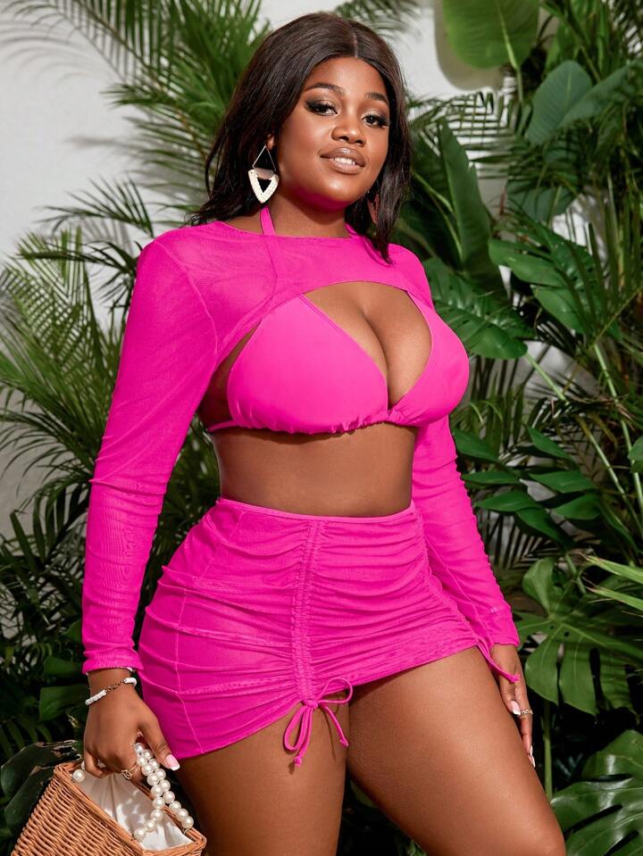 Plus Size Women Fashion Solid Color Bikini Set