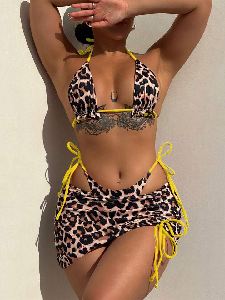 2-In-1 Reversible Leopard Print 3pcs Bikini