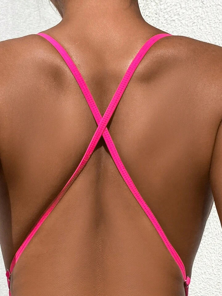 Leopard Print Hollow Out Colorblock Spaghetti Strap Backless Cross Strap One Piece Swimsuit
