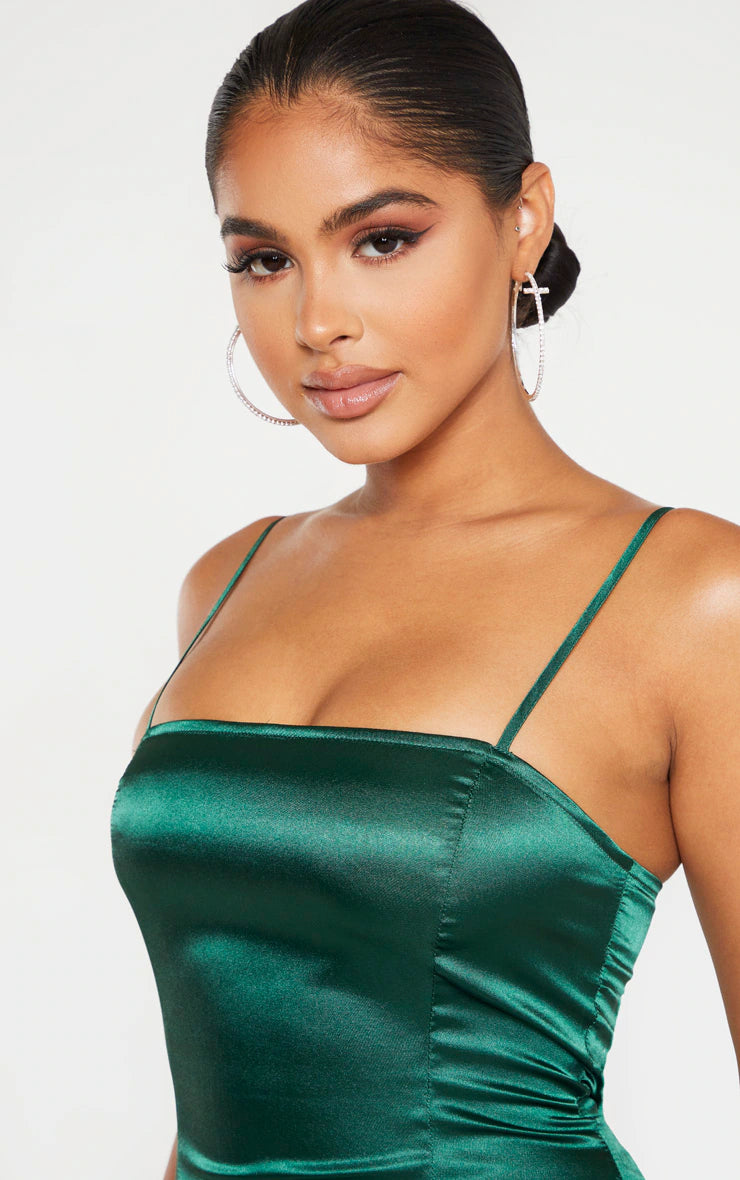 Petite Emerald Green Satin Strappy Straight Neck Bodycon Dress