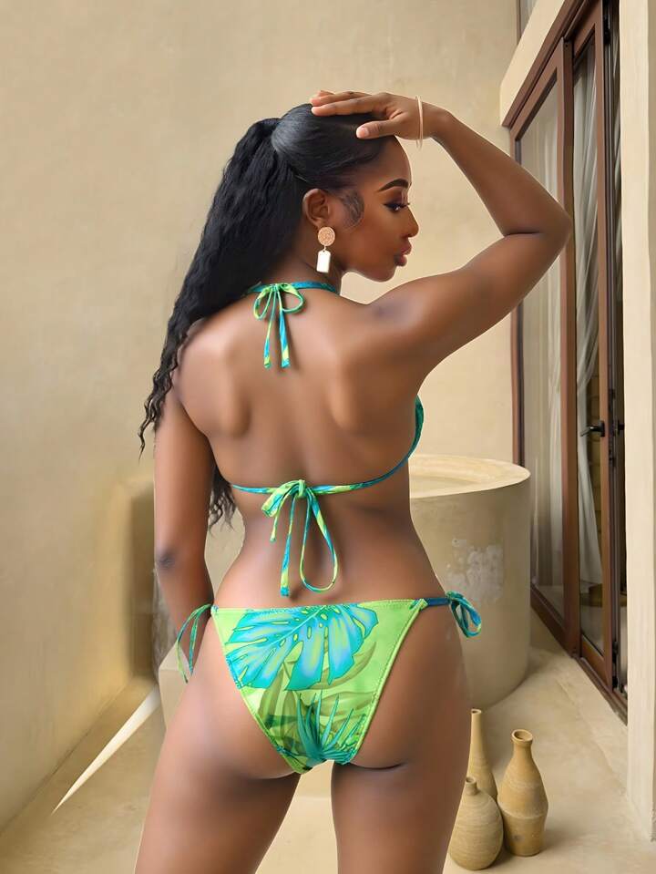 Tropical Print Bikini Set Halter Triangle Bra & Tie Side Bottom & Long Sleeve Kimono 3 Pieces Bikini