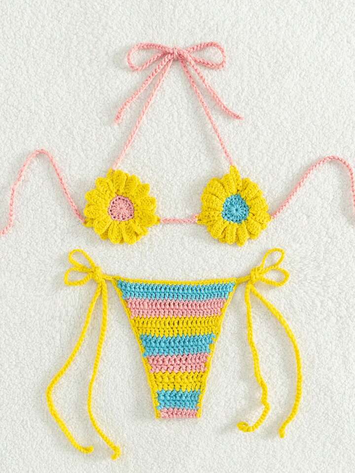 Color Block Crochet Halter Top & Brief Cover Up Sets