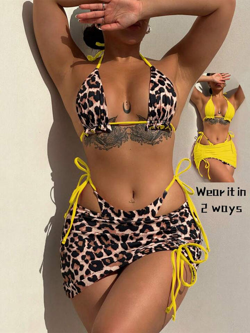2-In-1 Reversible Leopard Print 3pcs Bikini