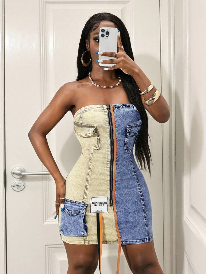 Zip Front Fitted Denim Dress Jeans