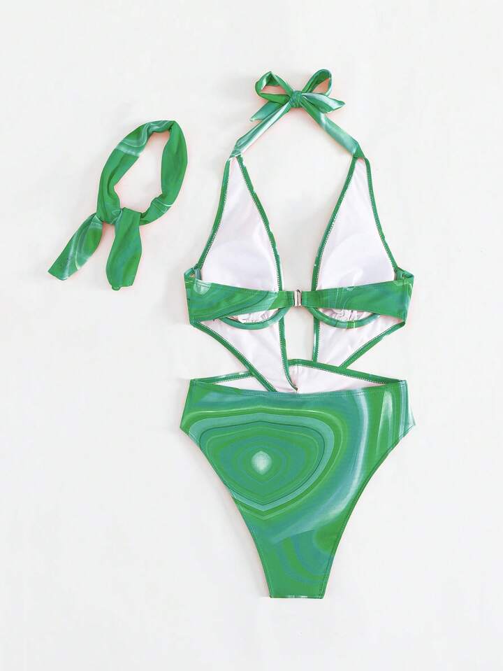 Allover Print Cut Out Halter One Piece Swimsuit With Bandana