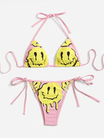 Load image into Gallery viewer, ROMWE Street Life Cartoon Face Graphic Triangle Tie Side Bikini Swimsuit
