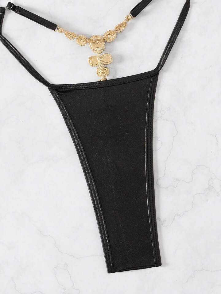 Patent Leather Front Gold Ring Decor Criss-Cross Backless Bodysuit With Rhinestone Ornament