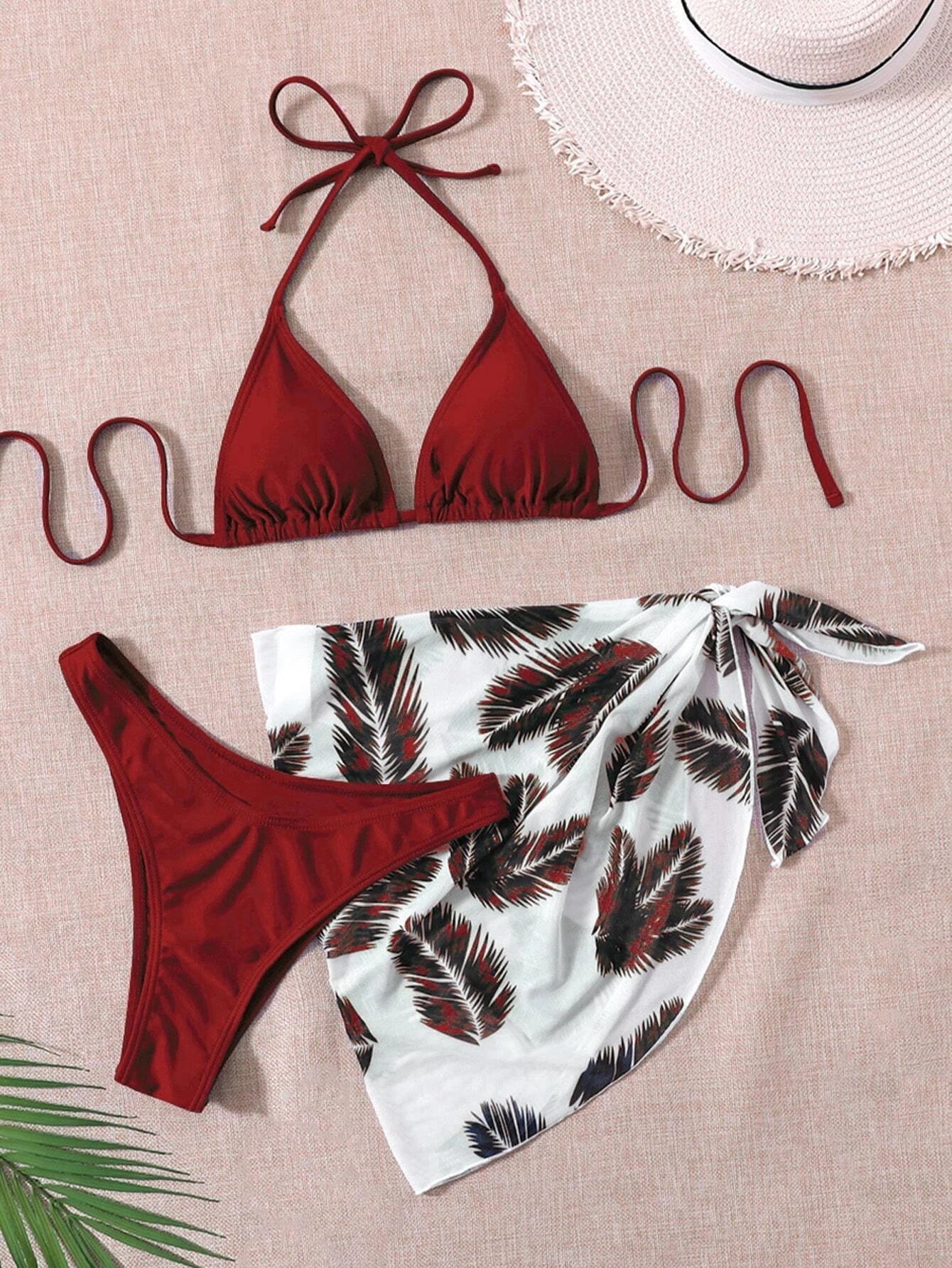 Leaf Print Bikini Set Halter Triangle Bra & High Cut Bottom & Cover Up Skirt 3 Piece Bathing