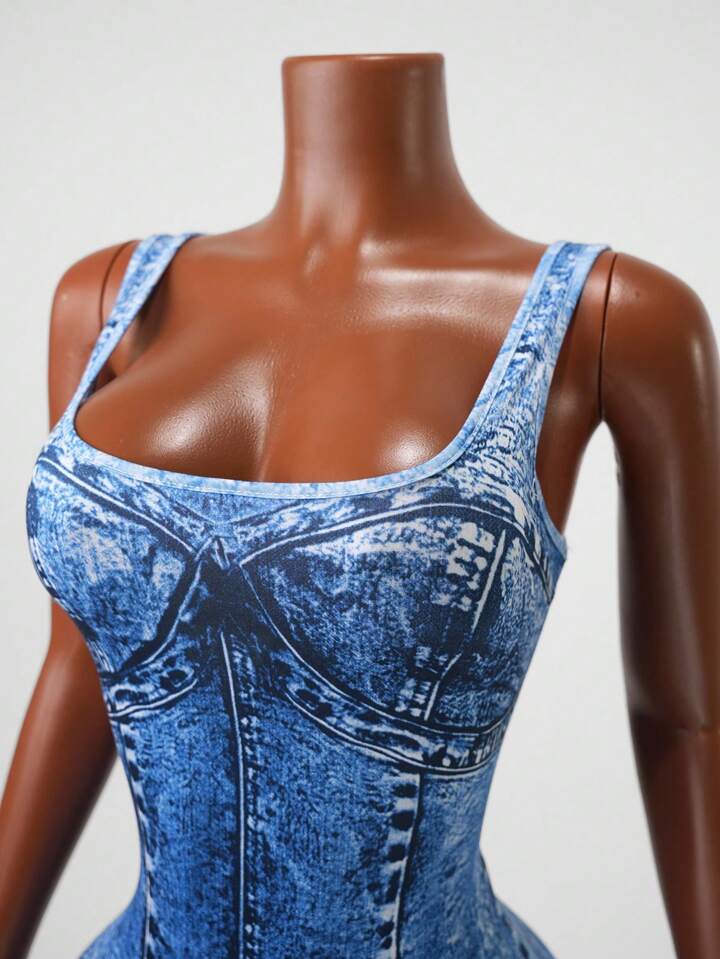 Sleeveless Knitted Jumpsuit With Denim Effect