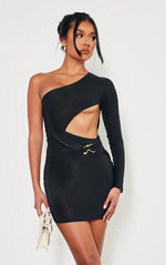 Load image into Gallery viewer, Black Slinky One Shoulder Trim Detail Cut Out Bodycon Dress
