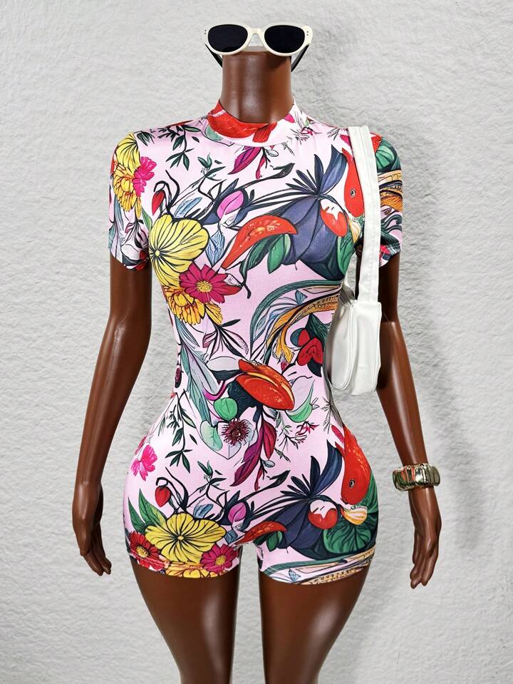 Backless Fashion Print Fitted Skinny Romper