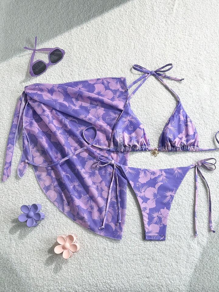 Random Floral Print Halter Neck Beach Dress With Tie Waist & Vintage Bikini