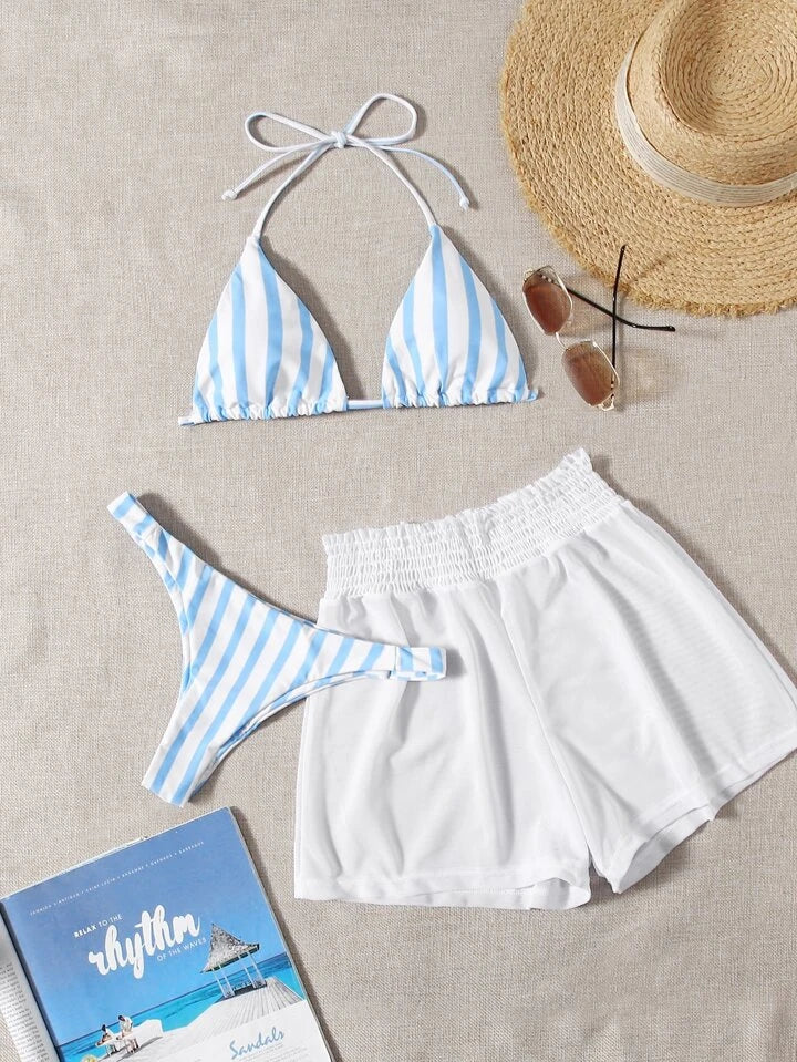 Striped Triangle Bikini Set & Mesh Shorts