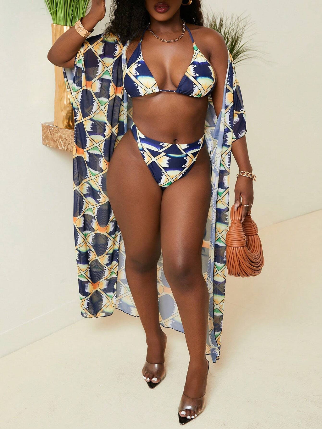 Tie-Dye And Plaid Printed Separated Bikini Set With Top