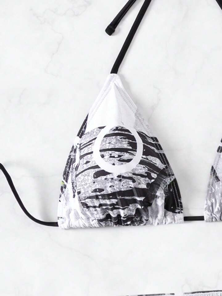 Letter Printed Three-Piece Triangle Separated Bikini Set