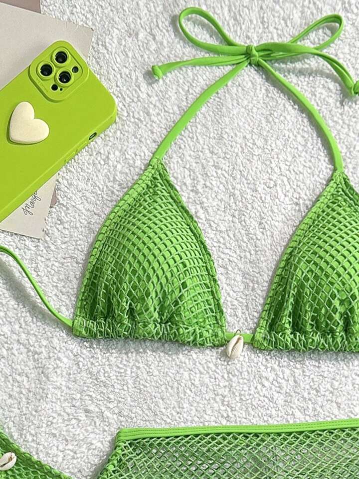 Solid Color Halter Neck Swimwear, Triangle Bikini Bottoms, And Swim Skirt Cover-Up