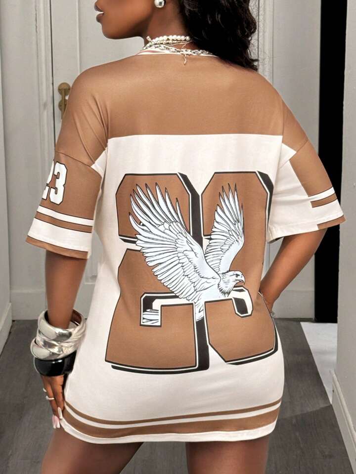 V-Neck Off-Shoulder Short Sleeve 23 Digital Eagle Pattern Brown And Apricot Stripes Retro Pattern Full Body Printing Loose Knitted Fabric Ladies Mini Dress