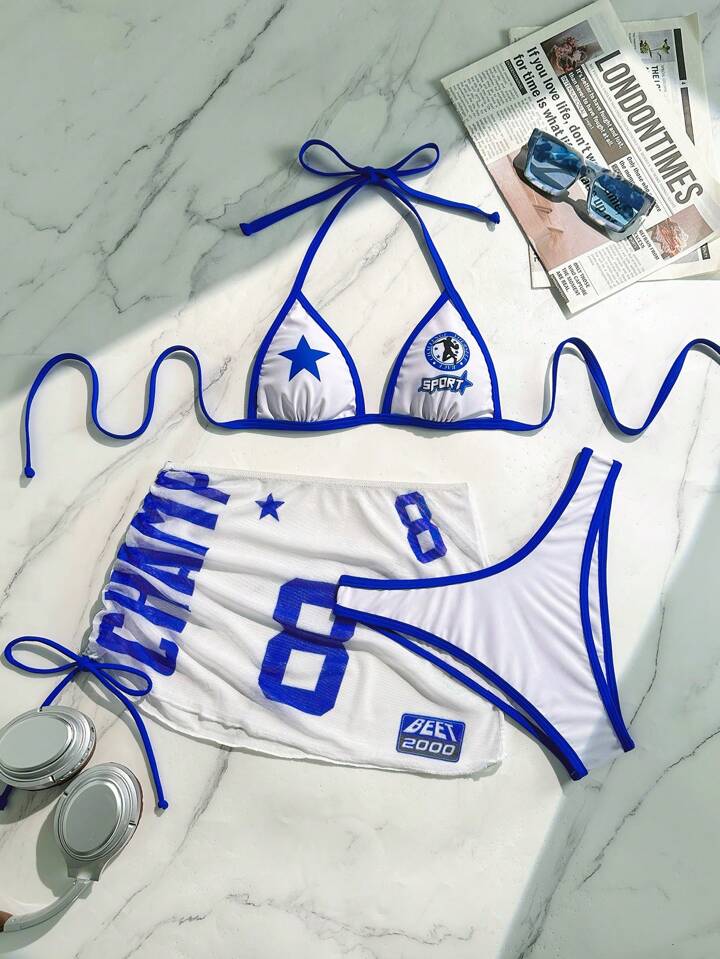 3pcs Sexy Bikini Set, Triangle Top With Star Print, Triangle Bottoms With "ENERGY" Letter Pattern, Sarong Skirt With Side Drawstring And "CHAMP" Print