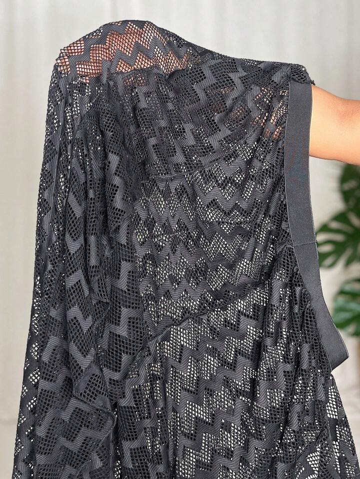 Plus Size Women Wave Striped Mesh Cover Up & Wide Leg Pants Set