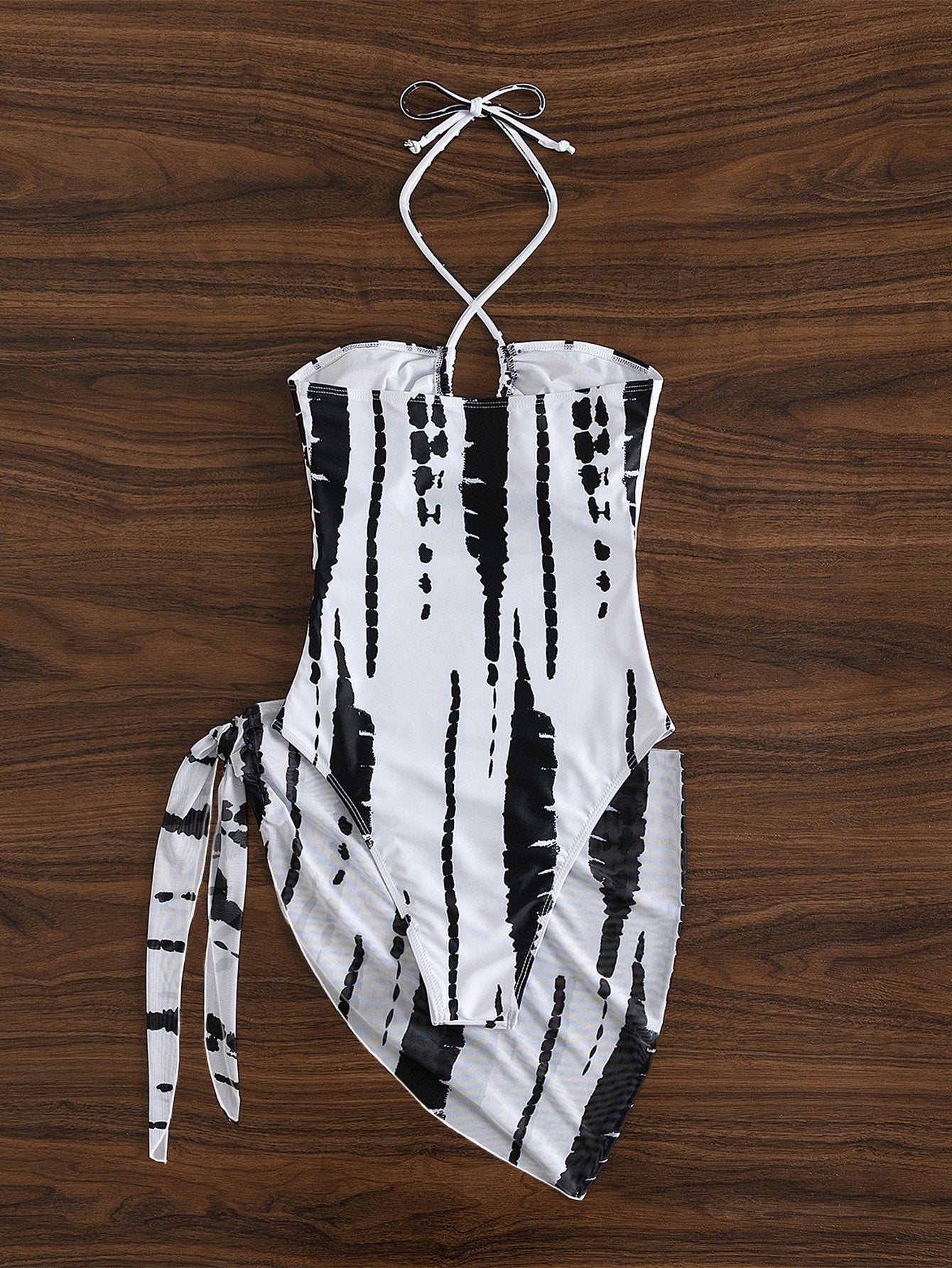 Random Tie Dye Cut Out Tie Back One Piece Swimsuit & Beach Skirt