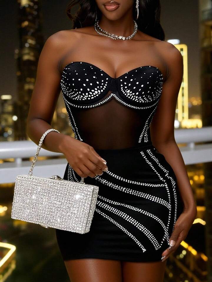 Slim Sweetheart Neckline Splicing See-Through Mesh & Heavy Hot Diamond Mini Dress