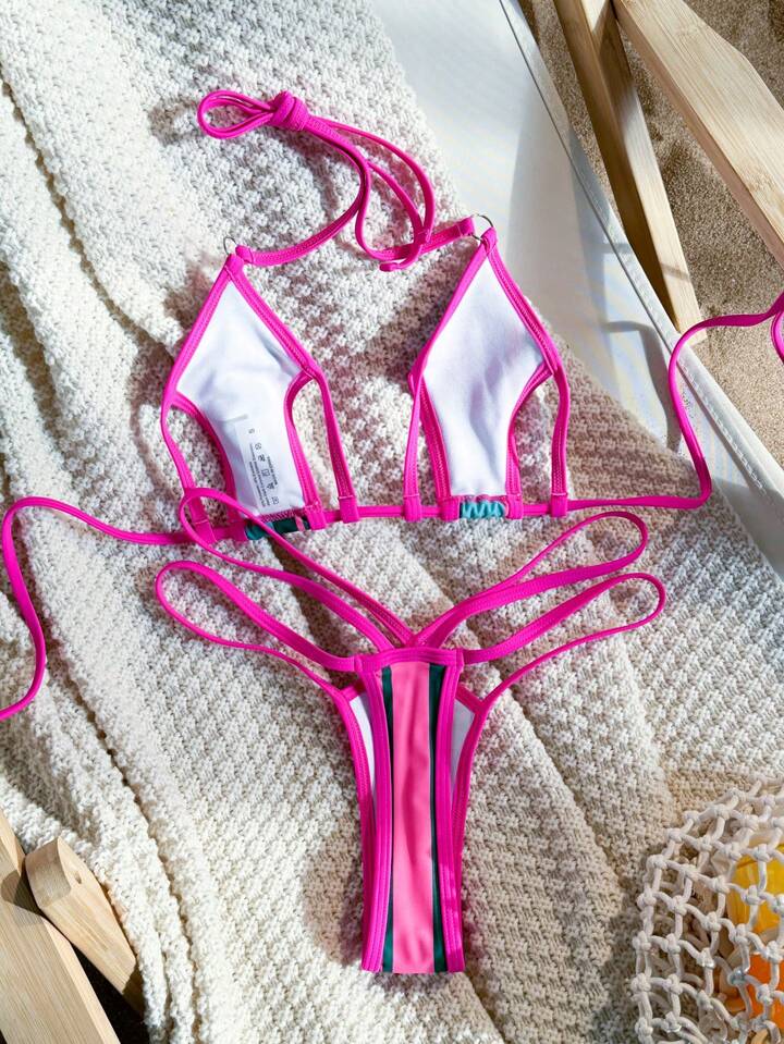 Colorblock Halter Triangle Bikini Set