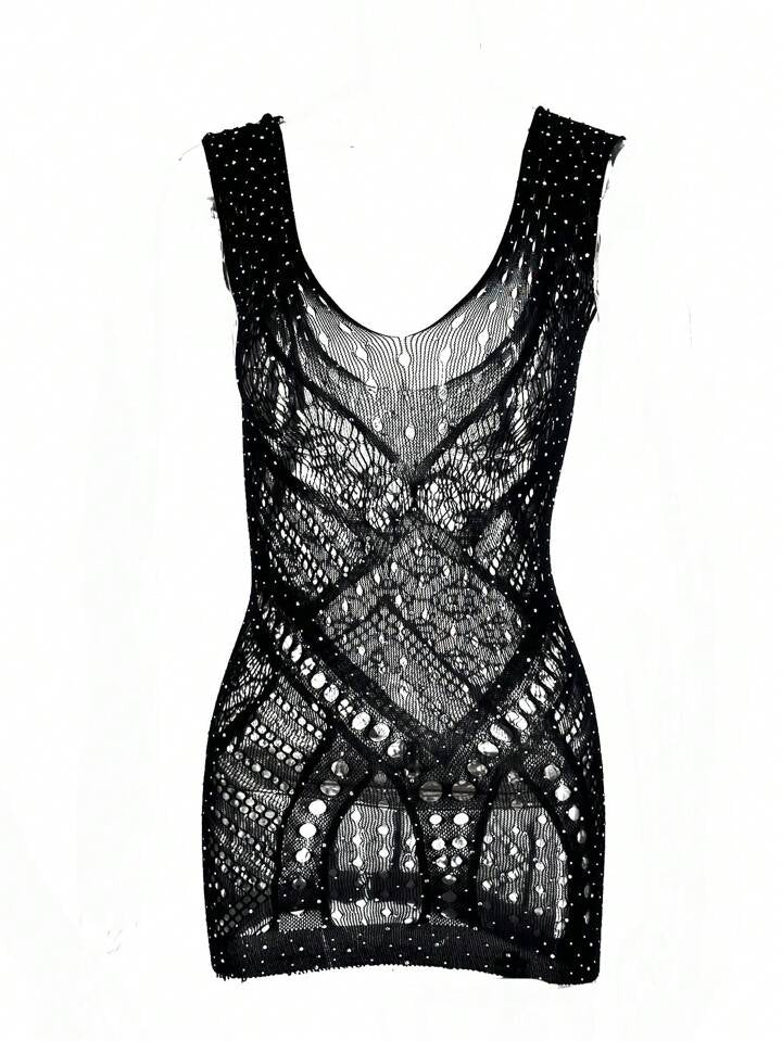 Rhinestone Studded Sexy One-Piece Fishnet Bodycon Dress, No Underwear Included