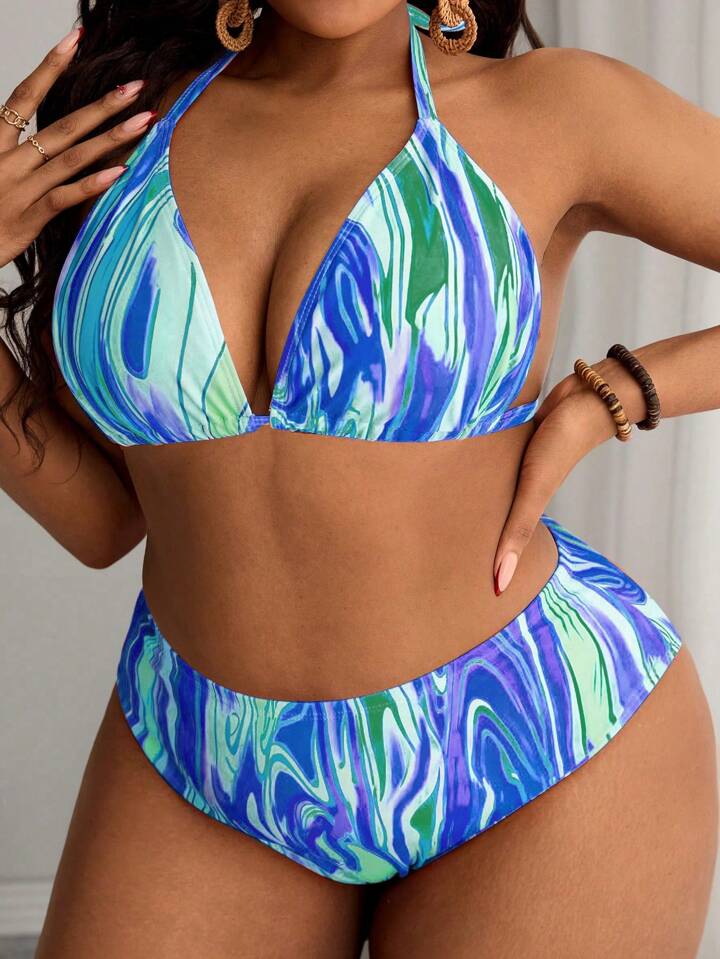 Plus Size Women 4pcs Set: Random Print Halter Neck Thick Strap Triangle Bikini Top, Matching Drawstring Print Mini Skirt And Hat