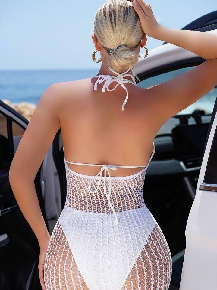 Solid Color Backless Hollow Out Cover Up Dress