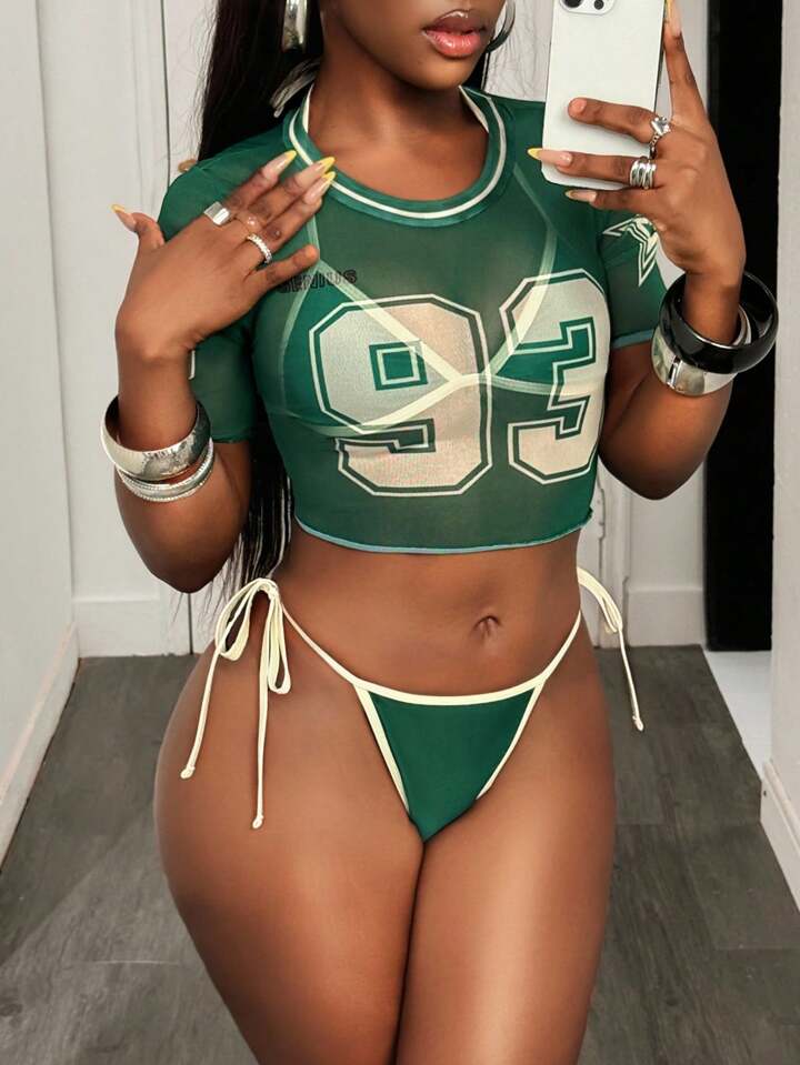 Letter Print Swim Cover Up Top & Twisting Tie Side Swim Bottoms Bikini