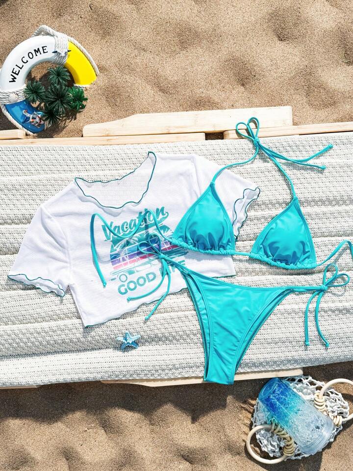 Halter Tie Sexy Bikini Swimwear Set With Short Sleeve Cover Up Top