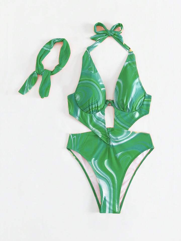 Allover Print Cut Out Halter One Piece Swimsuit With Bandana