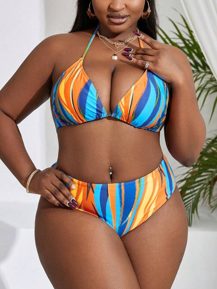 Plus Size Random Printing Knot Back Bikini Set With Hollow Out Strap Cover Up Dress