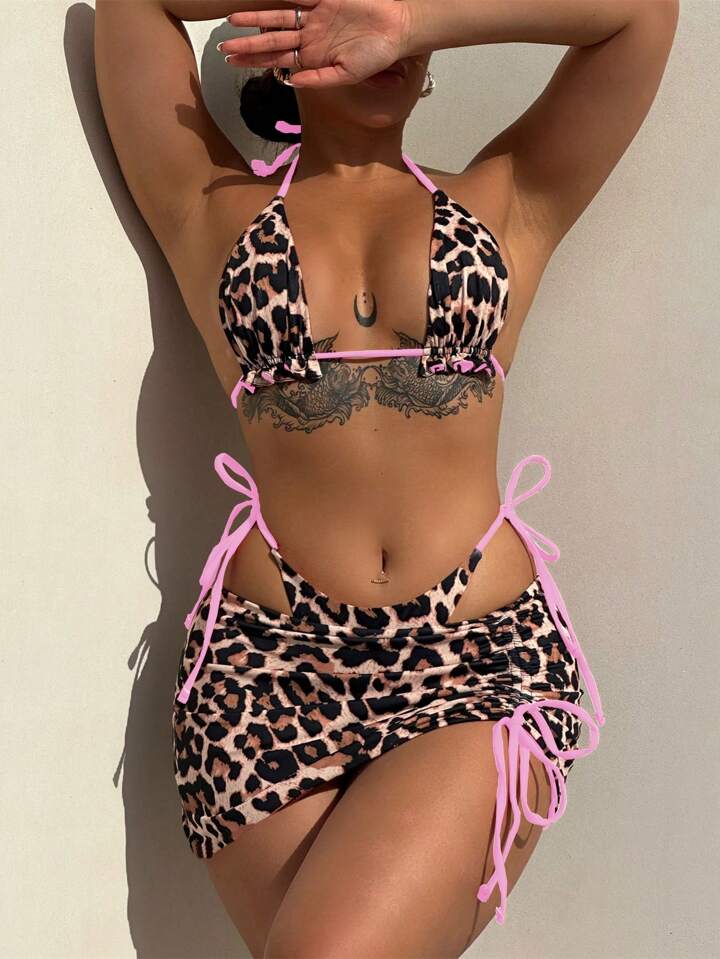 Reversible Leopard Print Swimwear With 3 Pieces