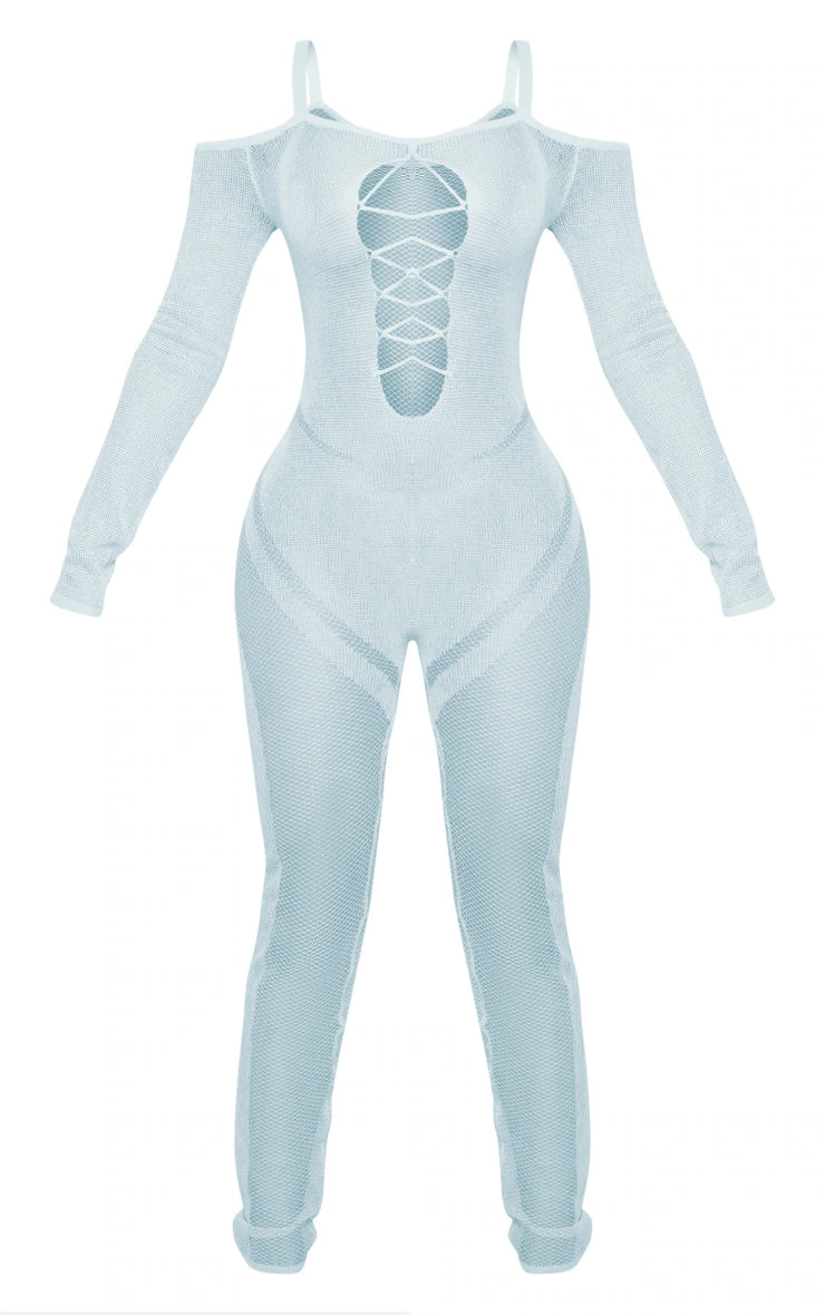 Petite Light Blue Knitted Sheer Jumpsuit