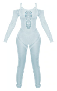 Petite Light Blue Knitted Sheer Jumpsuit