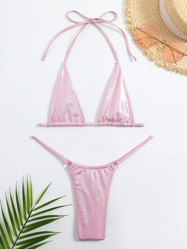 Metallic Bikini Set Micro Triangle Bra & O-Ring Linked Thong 2 Pieces Bikini