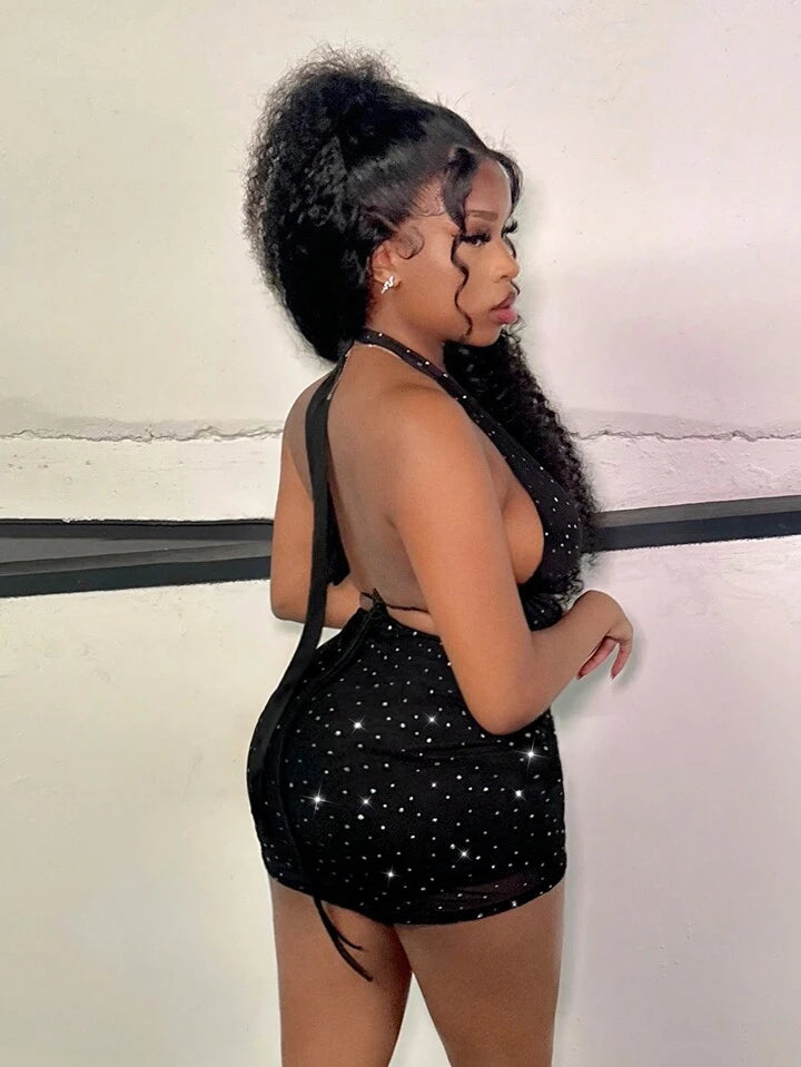 Mesh Sparkling Rhinestone Detail Halter Neckline Backless Top And Mini Skirt Set