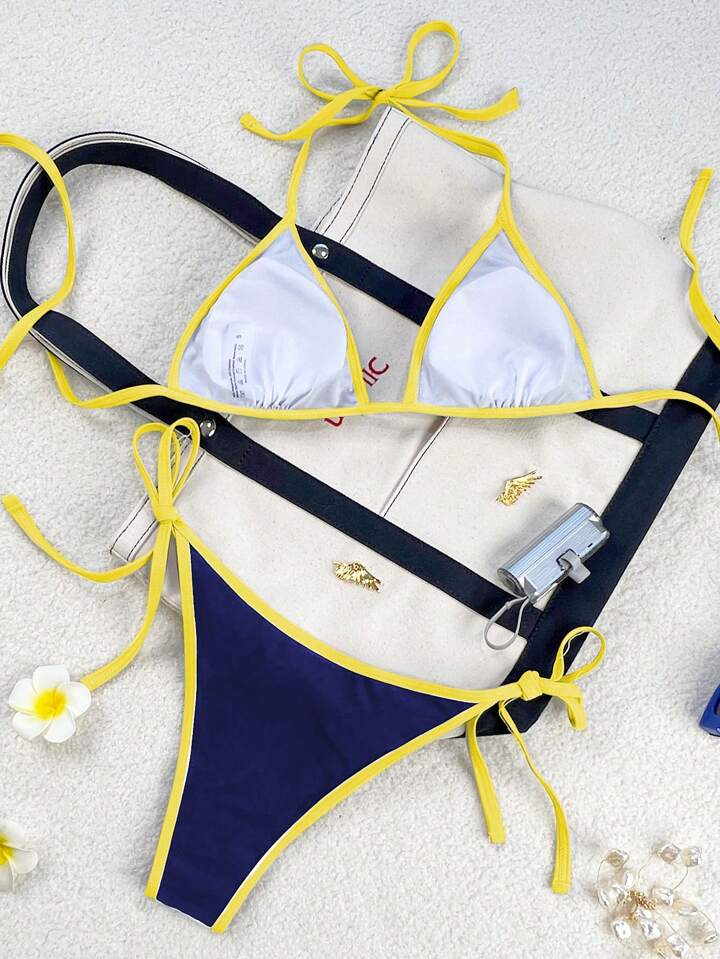 Spaghetti Strap Halter Neck, Side Tie Thong Bikini Set