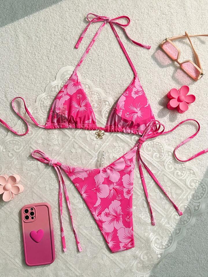 Floral Print Halter Neck Tie Sexy Bikini Set