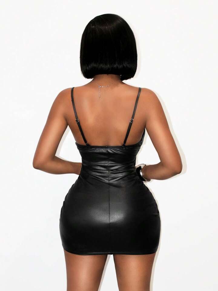 PU Leather Full-Skirted Dress