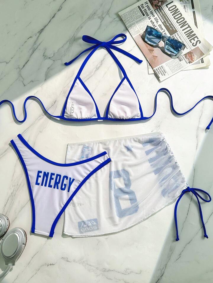 3pcs Sexy Bikini Set, Triangle Top With Star Print, Triangle Bottoms With "ENERGY" Letter Pattern, Sarong Skirt With Side Drawstring And "CHAMP" Print