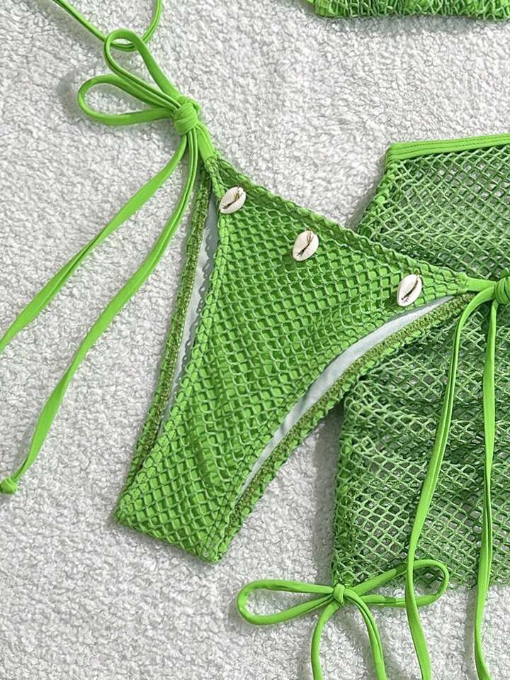 Solid Color Halter Neck Swimwear, Triangle Bikini Bottoms, And Swim Skirt Cover-Up