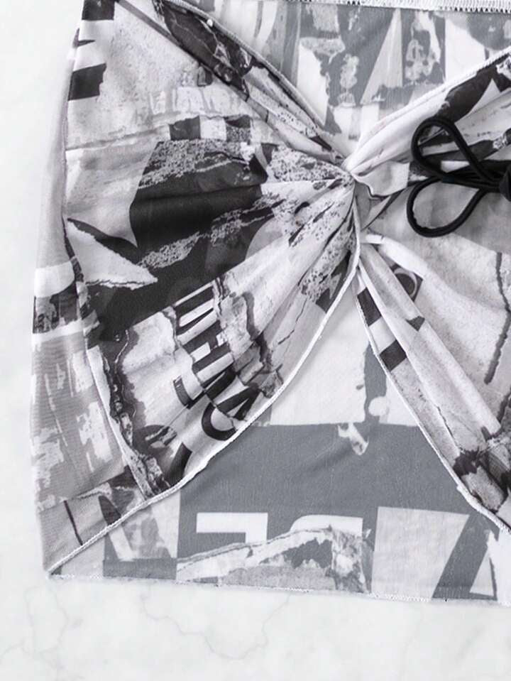Letter Printed Three-Piece Triangle Separated Bikini Set
