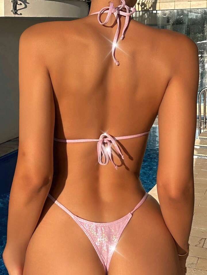 Metallic Bikini Set Micro Triangle Bra & O-Ring Linked Thong 2 Pieces Bikini