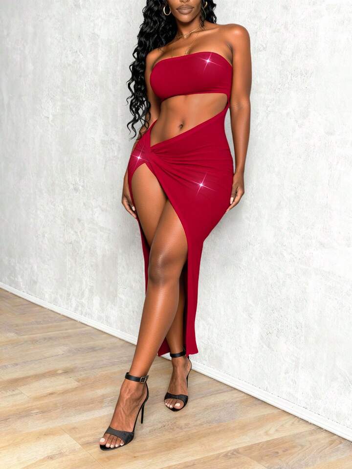 High Split Hollow Out Strapless Dress