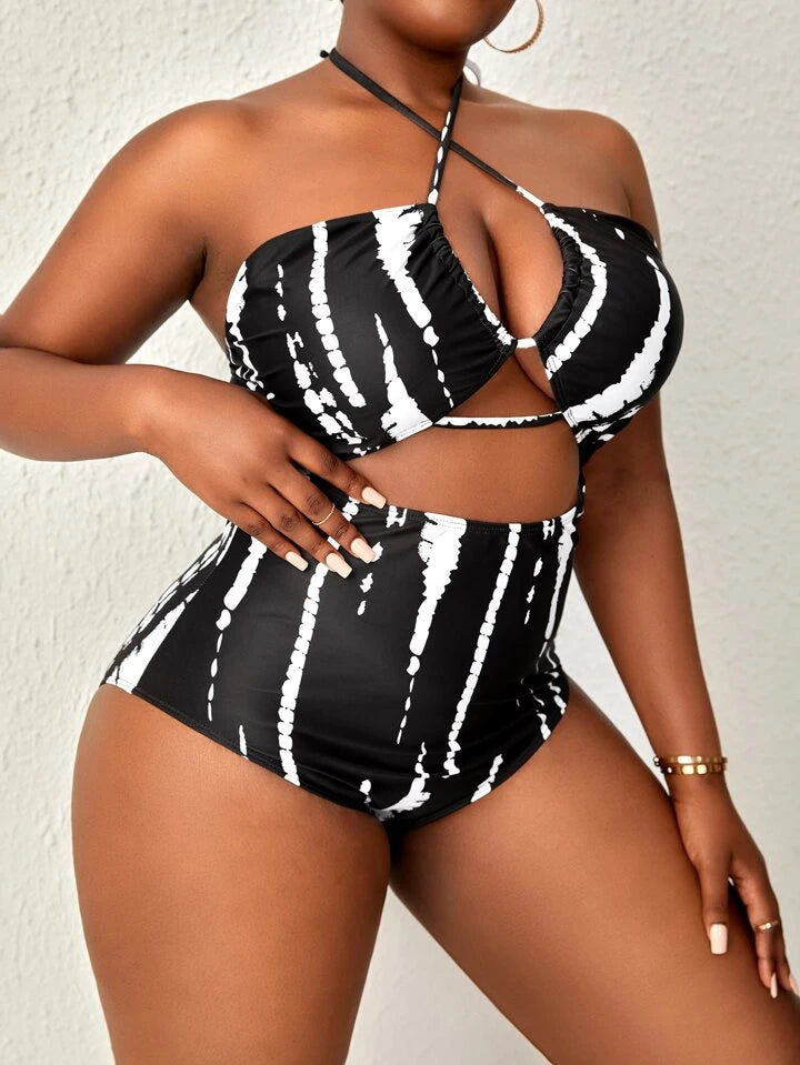 Plus Tie Dye Halter One Piece Swimsuit With Beach Skirt