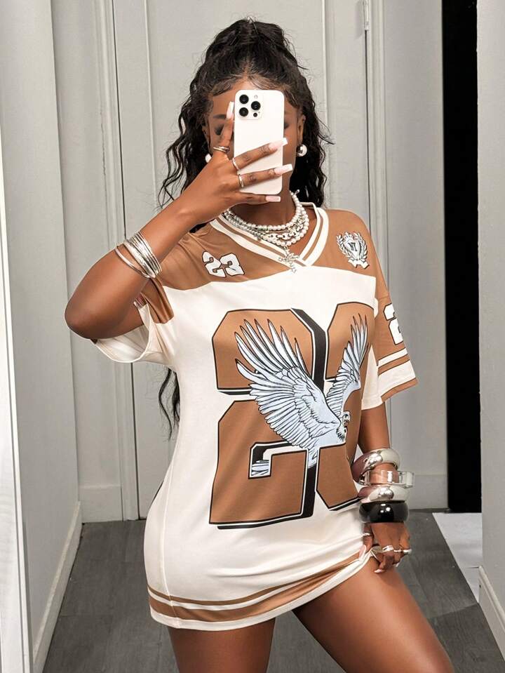 V-Neck Off-Shoulder Short Sleeve 23 Digital Eagle Pattern Brown And Apricot Stripes Retro Pattern Full Body Printing Loose Knitted Fabric Ladies Mini Dress